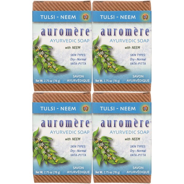 Auromere Ayurvedic Bar Soap, Tulsi Neem - Eco Friendly, Handmade, Vegan, Cruelty Free, Natural, Non GMO (2.75 oz), 4 pack