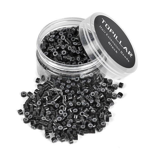 Hair Beads for Extensions, Microlink Hair Extension Beads with Silicon Lined, 5mm Micro Ring i Tip Beads Kit Tool (1200pcs Black)