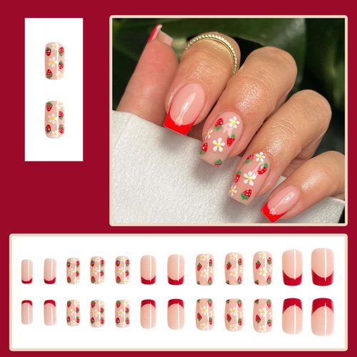 24 Pcs Red French Tip Press on Nails Medium Square Fake Nails with Glue Cute Strawberry Flower False Nails Kit Spring Nails Press ons Glossy Full Cover Nails with Glue Nails for Women Girls