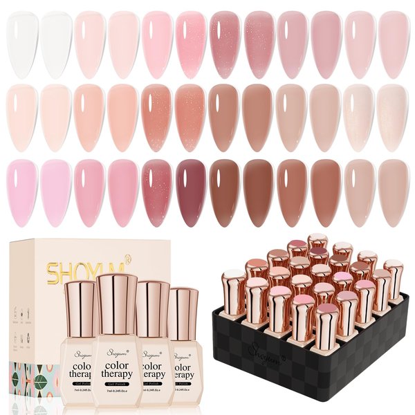 SHOYUM 24 Pcs Jelly Nude Gel Nail Polish Set, Sheer Pink Colors Gel Polish Kit with Glossy & Matte Top Coat and Base Coat for Nail Art DIY Manicure and Pedicure at Home