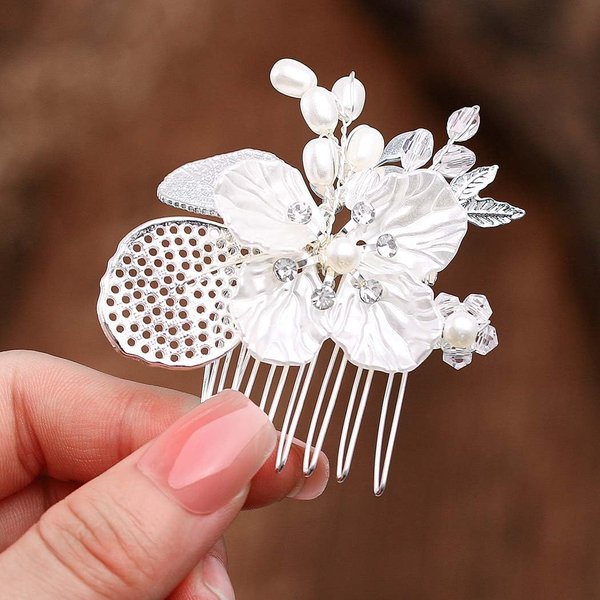 Foyte Pearl Flower Hair Comb Wedding Crystal Hair Comb Silver Hair Accessories for Women and Brides