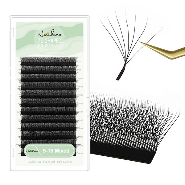 NATUHANA W Shaped Clover Eyelashes Extension 7D Premade Fans 0.07mm D Curl 9-15 Mixed Tray Volume Lash Cluster W Lashes Supplies Automatic Blooming Flower Lash Extensions (7D black;0.07 D, 9-15 MIX)