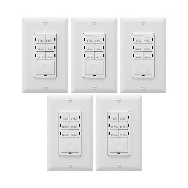Enerlites Bathroom Timer Countdown Switch, HET06A-R | In-Wall Electrical Timer for Fans, Electrical Outlets, Indoor and Outdoor lights,with On/Off switch | White - 5 Pack