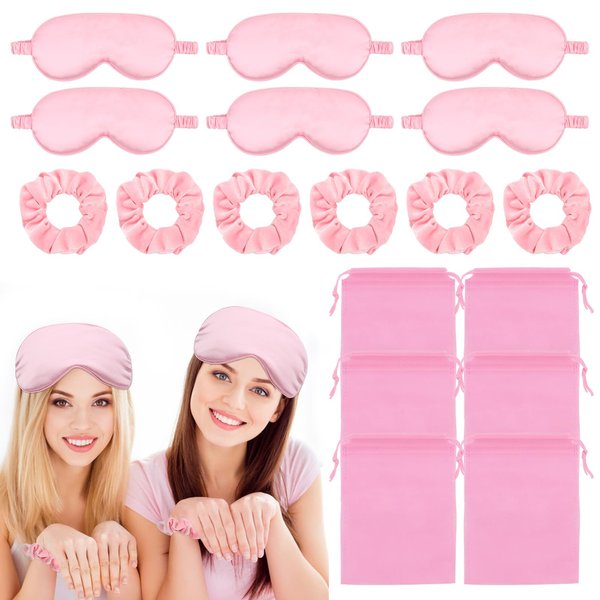 ANBALA 18 Pcs Sleepover Party Supplies, 6 Pink Satin Sleep Eye Masks, 6 Pink Velvet Scrunchies