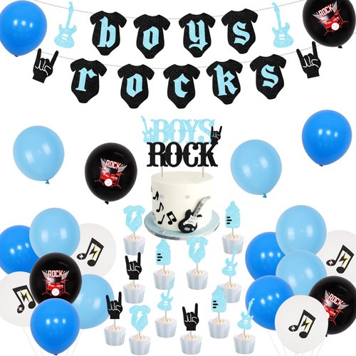 Cheereveal Boys Rock Baby Shower Decorations, Music Theme Baby Shower Party Supplies with Boys Rocks Banner Cake Topper, Guitar Foil Balloons for Music Rock and Roll Baby Shower Party Decor