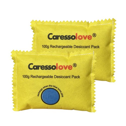 100g Rechargeable Desiccant Packs for Storage - Silica Gel Moisture Absorbers Packets - Desiccant Bag Color Changing - Reusable Desiccant Dehumidifier for Bathroom, Closet and Warehouse (2 Packs)