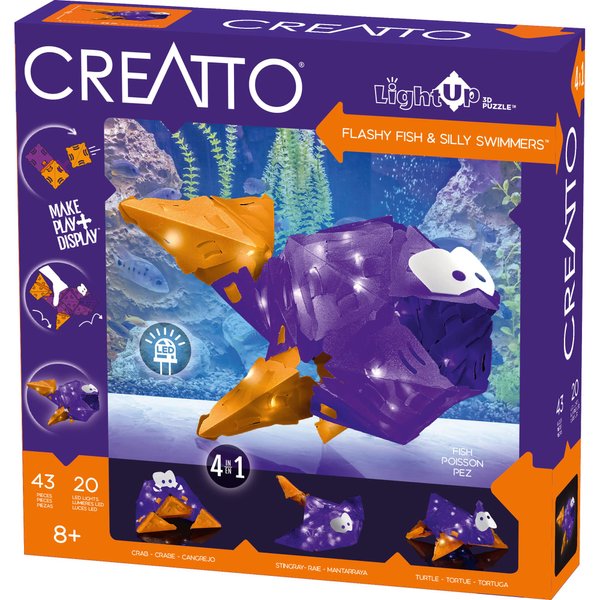Creatto Flashy Fish & Silly Swimmers Light-Up 3D Puzzle Kit | Includes Creatto Puzzle Pieces to Make Illuminated Craft Creations, Sting Ray, Turtle, Crab, Fish | DIY Activity & LED Lights