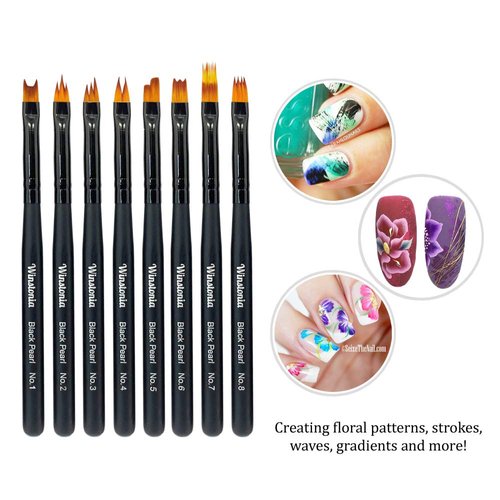 Winstonia 8 Pcs Nail Brush Set for Flowers, Gradient, Ombre Art Pattern Manicure Designs - Professional Gel, Acrylic and Polish Nail Art Brushes Kit – BLACK PEARL