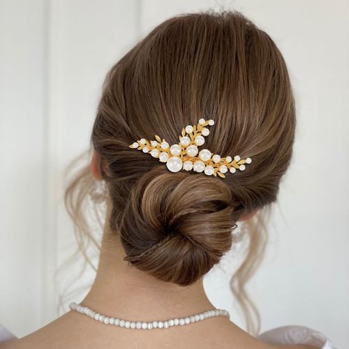 YBSHIN Bride Wedding Hair Comb Gold Pearl Headpiece Leaf Hair Pieces Bridal Side Combs Hair Accessories for Women and Girls