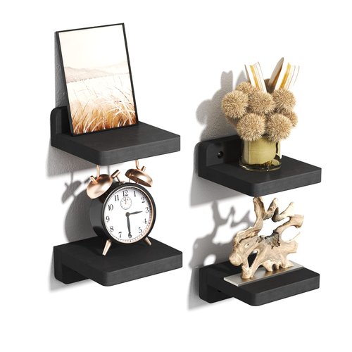 SRIWATANA Small Floating Shelves Wall Mounted, 4 Inch Wood Shelf for Decoration and Storage Set of 4, Mini Display Shelf for Bedroom, Bathroom, Kitchen, Office (Weathered Black)