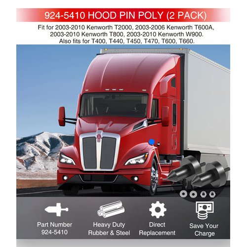 2 Pack 924-5410 Hood Pin Poly for Kenworth T2000, T400, T440, T450, T470, T600, T600A, T660, T800, W900 2003-2010