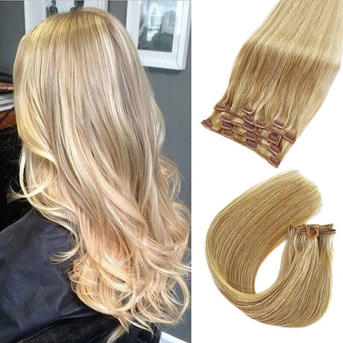 Remy Clip in Hair Extensions Human Hair Blonde Highlights Clip ins Real Human Hair Extensions Balayage Hair Extensions Soft & Natural Human Hair Clip in Extensions for Women 16 Inch 7pcs 70g