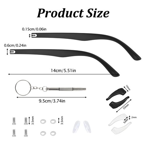 Glasses Arm Replacement Universal Glasses Arm with Screws, Easy to Replace, Washers, Screwdriver, Nose Pads, 2 Pairs of Non-Slip Glasses Spinning Slides