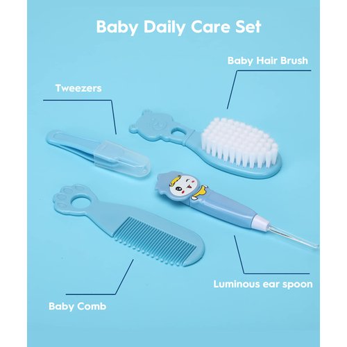 Baby Healthcare and Grooming Kit, Safety Newborn Nursery Care Set, with Hair Brush Comb, Nail Clipper, Thermometer, Pacifier Clip, Nasal Aspirator for Newborn Infant Baby Girls Boys (Blue)