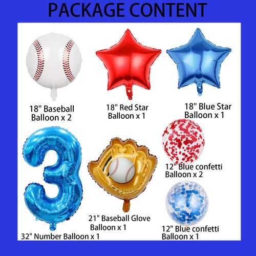 HADCKJA Baseball Balloons Baseball Birthday Party Supplies with 3rd Balloon Baseball Glove Balloon Red Blue Star Red Blue Confetti Balloon for Boy Shower Decorations Birthday Party Decorations 9Pcs