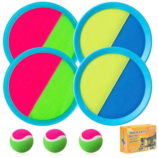 Kids Toys - Outdoor Games, Beach Toys, Toss and Ball Set with 4 Paddles and 3 Balls, Perfect Beach Games Sets Playground Sets for Backyards Easter Gifts for Kids/Adults/Family (Blue+Light Yellow)