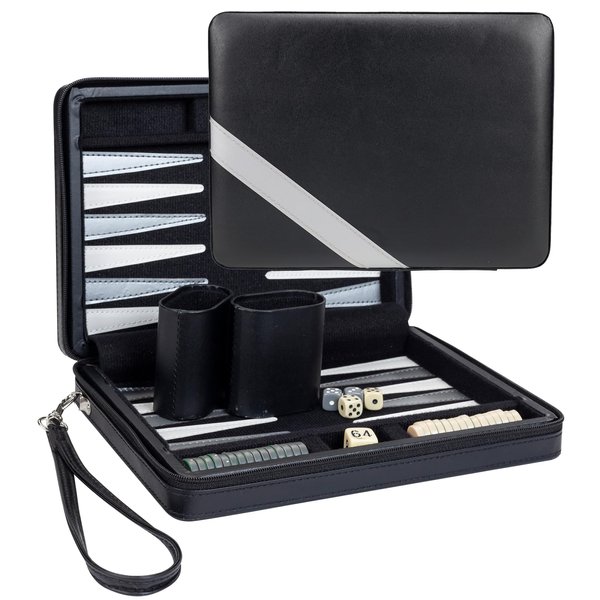 WE Games Backgammon Set, Board Games for Adults - Travel Games - Black with Gray Stripe Magnetic Leatherette Backgammon Board and Carrying Strap - Travel Backgammon Sets for Adults