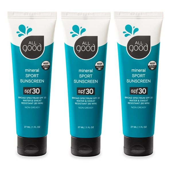 All Good Travel-Sized Sport Face & Body Sunscreen Lotion - TSA-Friendly, Camping, Backpacking - UVA/UVB Broad Spectrum SPF 30+, Water Resistant (1 oz)(3-Pack)