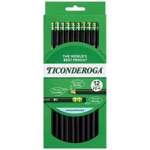 Ticonderoga Wood-Cased Pencils, Unsharpened, #2 HB Soft, Black, 12 Count