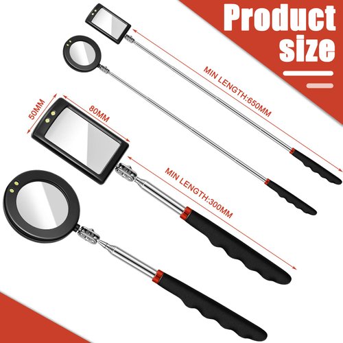 LED Mirror Inspection Telescoping Inspection Mirror Round Mirror Square Mirror Inspection Tool for Check The Condition of The Vehicle, Observe The Eyelashes, Mouth and Other Small Parts (2 Pieces)