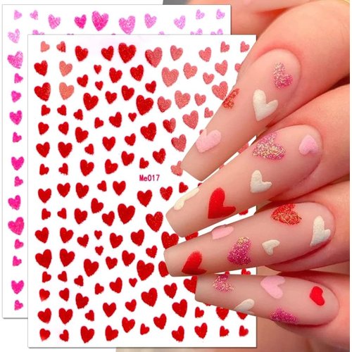 Heart Nail Art Stickers Decals 3D Shiny Glitter Love Hearts Self Adhesive Shining Glitters Powder Effect Valentine's Day Heart Nail Design for Lovers Romantic DIY Nail Decorations Manicure Accessories