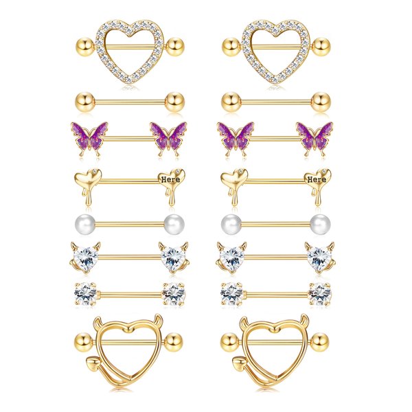 ZELORES 8 Pairs 14G Nipple Rings for Women Stainless Steel CZ Striaght Barbell Tongue Ring Nipple ring Set Butterfly Devil Heart Nipple Piercing Jewelry 16mm 5/8Inch (Gold)