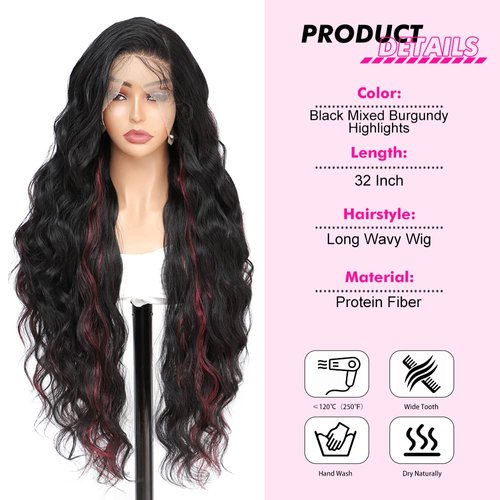 SISgrace 13x4 Lace Front Wigs for Black Women Wavy Wig Glueless Lace Wig Black to Burgundy Highlight Synthetic Wigs Pre Plucked Natural Hairline Mixed Red (Highlight Lace Front Wig 32 Inches)