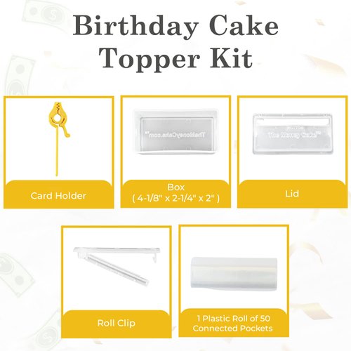 The Money Cake - Money Cake Pull Out Kit Includes 1 Money Box 1 Plastic Roll 50 Transparent Bag Connected Pocket, and Card Holder Cake Topper for Birthday and Graduation Parties