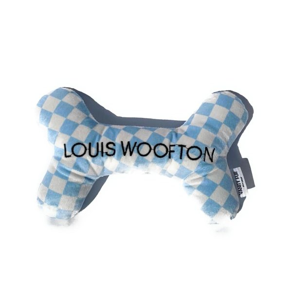 Vanity Fur Pet Shop 2-in-1 Plush Squeaky Dog Toy with Rubber Bone | Interactive & Enrichment Chew Toy for Dogs | Louis Woofton Designer Parody – Blue Check Fashion | Durable, Stuffed & Squeaker Toy