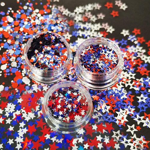 Holographic Nail Glitter Flakes, 3 Boxes Independence Day Nail Sequins for Nail Art, Red Blue White Nail Art Glitter, Loose Five Pointed Star Sequins for Nails, Acrylic Nails Supplies for Women Girls