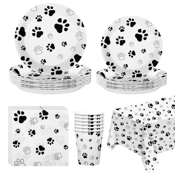 durony 159 Pieces Dog Paw Print Party Supplies Set Including 108 x 54 Inches Tablecloth 9 OZ Cups Plates and Napkins for Birthday, Baby Shower Theme Party Decorations