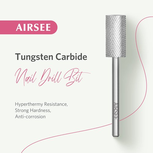 AIRSEE Tungsten Carbide Acrylic Nail Drill Bit Efile Electric File Machine Head Tip for Manicure Polishing Art Remove Gel 3/32" 2 Way Professional Tech Flat Top Cylinder Barrel Medium-M