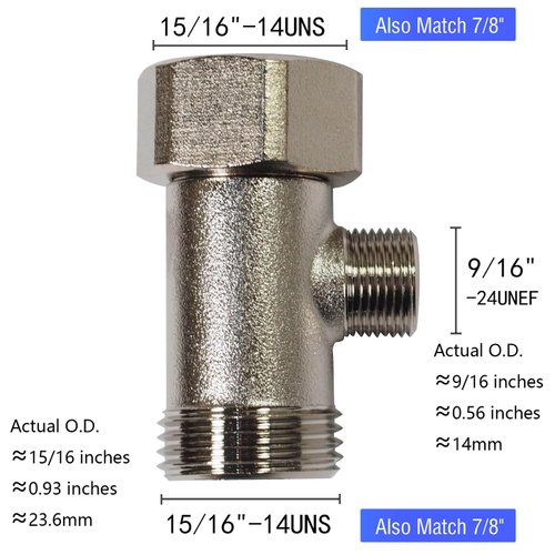 Bidet T Adapter - T Valve Adapter for Bidet, 15/16″ x 15/16″ x 9/16″ or 7/8″ x 7/8″ x 9/16″, Brass Coated Nickel, 3 Way Adapter or Tee Connector