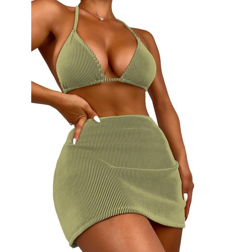 SweatyRocks Women's 3 Piece Zebra Striped Bikini Swimsuit Set & Beach Skirt Set Bathing Suit Olive Green L