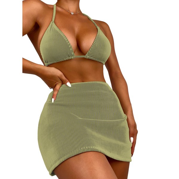 SweatyRocks Women's 3 Piece Zebra Striped Bikini Swimsuit Set & Beach Skirt Set Bathing Suit Olive Green L