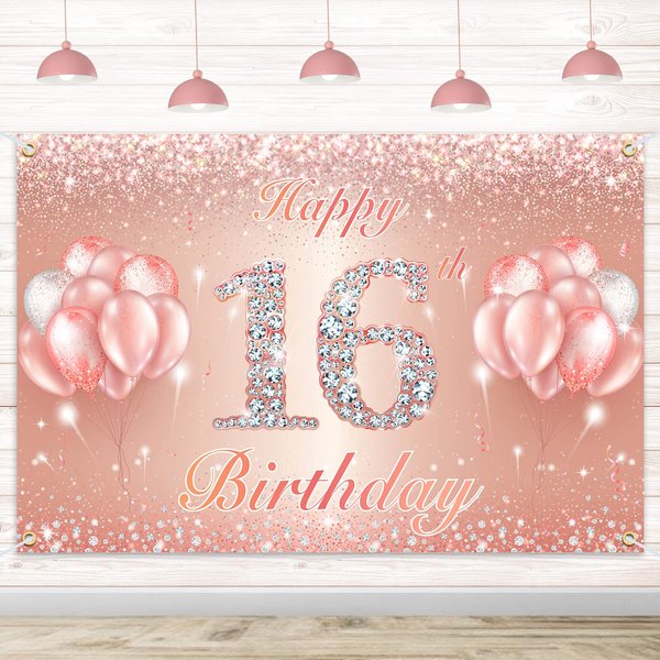 Happy 16th Birthday Banner Backdrop - 16 Birthday Party Decorations Supplies for Girls or Boys - Rose Gold 4 x 6ft