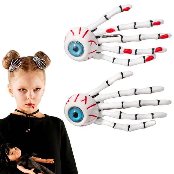 2PCS Halloween Hair Clips Skeleton Hands Bone Hair Clips Claws with Eyeball Hairpin Punk Rock Horror Blood Hair Clip for Women Girls Hair Accessories