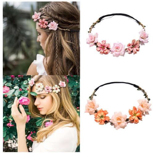 Flower Crown Headbands Girl Headpiece Bride Bridesmaid Wedding Headdress Boho Flower Head Bands Hair Wreath Rose Hairbands Hawaiian Party Accessories for Women Girl(pink)