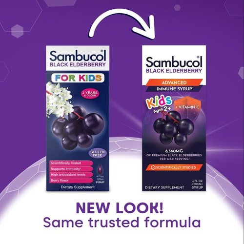 Sambucol Black Elderberry Syrup for Kids - Kids Elderberry Syrup, Added Vitamin C, Black Elderberry Syrup for Kids, Sambucus Elderberry Kids Syrup For Immune Support, Delicious Berry Taste - 4 Fl Oz