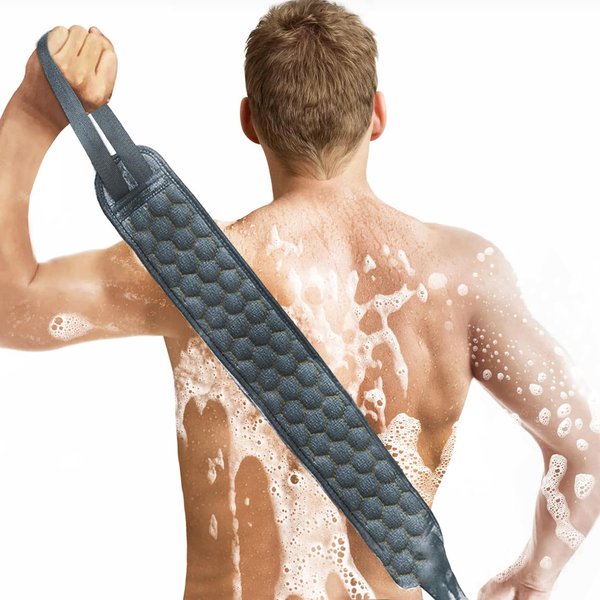 Inmorven Back Scrubber for Shower Exfoliating Body Scrubber 40 inch Double-Sided Back Exfoliator Scrub Towel, Bath Body Brush Widened Back Washer with Handle for Men and Women,Grey