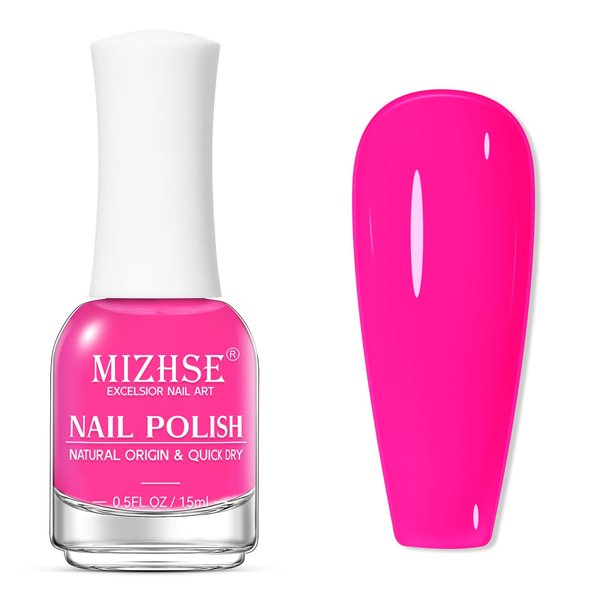 MIZHSE Quick Dry Nail Polish, Hot Pink Nail Polish Non Gel Air Drying Fast, 15 ml Regular Nail Polish Glossy Finish Rose Red Nail Lacquer Full Coverage Nail Art Manicure DIY Home