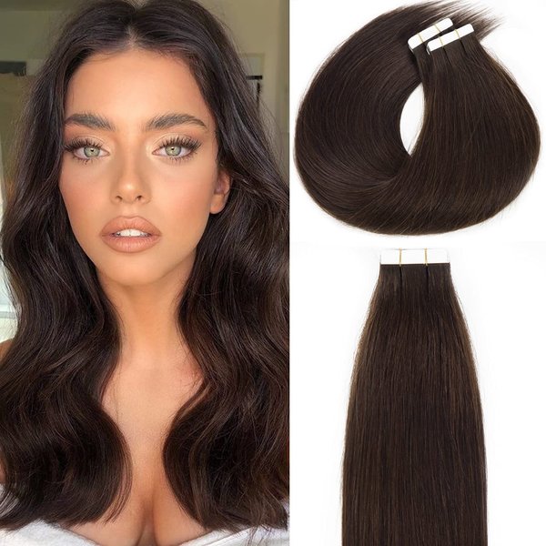 Lacer Hair 18 Inch Human Hair Extensions Tape in Hair Natural Black Balayage PU Skin Weft 100% Real Virgin Human Hair Color #2 Darkest Brown Double Side 50g 20pcs/set