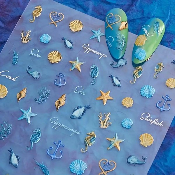 1PC Ocean Nail Art Stickers Summer Nail Art Decals Marine Life Nail Stickers Starfish Seashell Seahorse Nail Design Stickers 5D Embossed Nail Decals Sea Nail Art Supplies for Women Girls Manicure