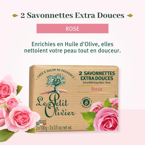 Le Petit Olivier Extra Mild Soaps, Rose, 2 x 3.5 oz - Enriched with Olive Oil and Natural Extracts - Cruelty-Free and Paraben-Free - Mild - Hypoallergenic Bath Soap - Natural Soap For Sensitive Skin
