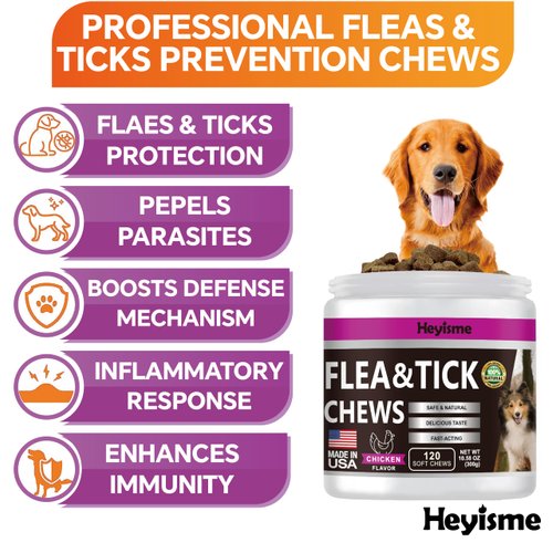 HEYISME Flea and Tick Prevention for Dogs Chewables, Natural Dog Flea and Tick Control Supplement, Flea Treatment for Dogs, Oral Flea and Tick Chews Treats for All Breeds and Ages (Chicken, 120 Chews)
