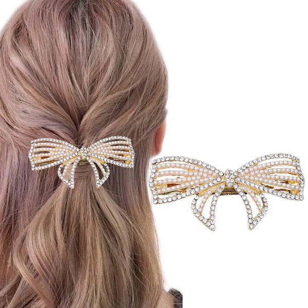 Fdesigner Crystal Bow Hair Clips Pearl Rhinestones Hair Barrette Jewelry Bowknot Hairpin Clips Wedding Bride Bow Knotted Headpieces for Women and Girls