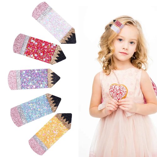 Back To School Hair Clips, Beleki 5PCS Pencil Hair Clip for Girls Teacher Appreciation Glitter Sparkly Funny Pencil Hair Clip Hair Accessory for First Day of School