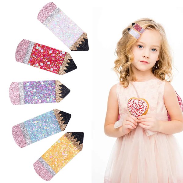 Back To School Hair Clips, Beleki 5PCS Pencil Hair Clip for Girls Teacher Appreciation Glitter Sparkly Funny Pencil Hair Clip Hair Accessory for First Day of School