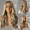 FENJUN Highlight Ombre Ash Blonde Lace Front Wigs with Cap+Comb, Body Wave Lace Frontal Synthetic Wig Mixed Brown and 613 Blonde Color, Glueless Pre plucked Long Wavy Wigs for White and Black Women