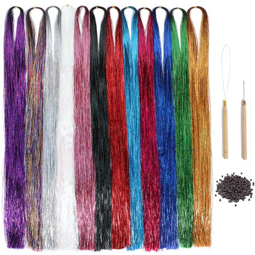Rose bud 47 inch Tinsel Hair Extensions 12 Colours About 2400 Strands Fairy Hair Tinsel with Kit Tools Highlights Sparkling Glitter Hair Accessories for Girls Party Halloween Christmas Cosplay